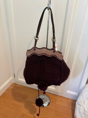 Cozy Knit Pom-Pom Shoulder Bag in Deep Burgundy